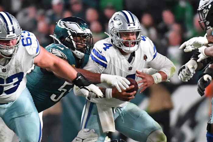Nov 5, 2023; Philadelphia, Pennsylvania, USA; Philadelphia Eagles defensive end Brandon Graham (55) sacks Dallas Cowboys quarterback Dak Prescott (4) during the fourth quarter at Lincoln Financial Field. Mandatory Credit: Eric Hartline-USA TODAY Sports